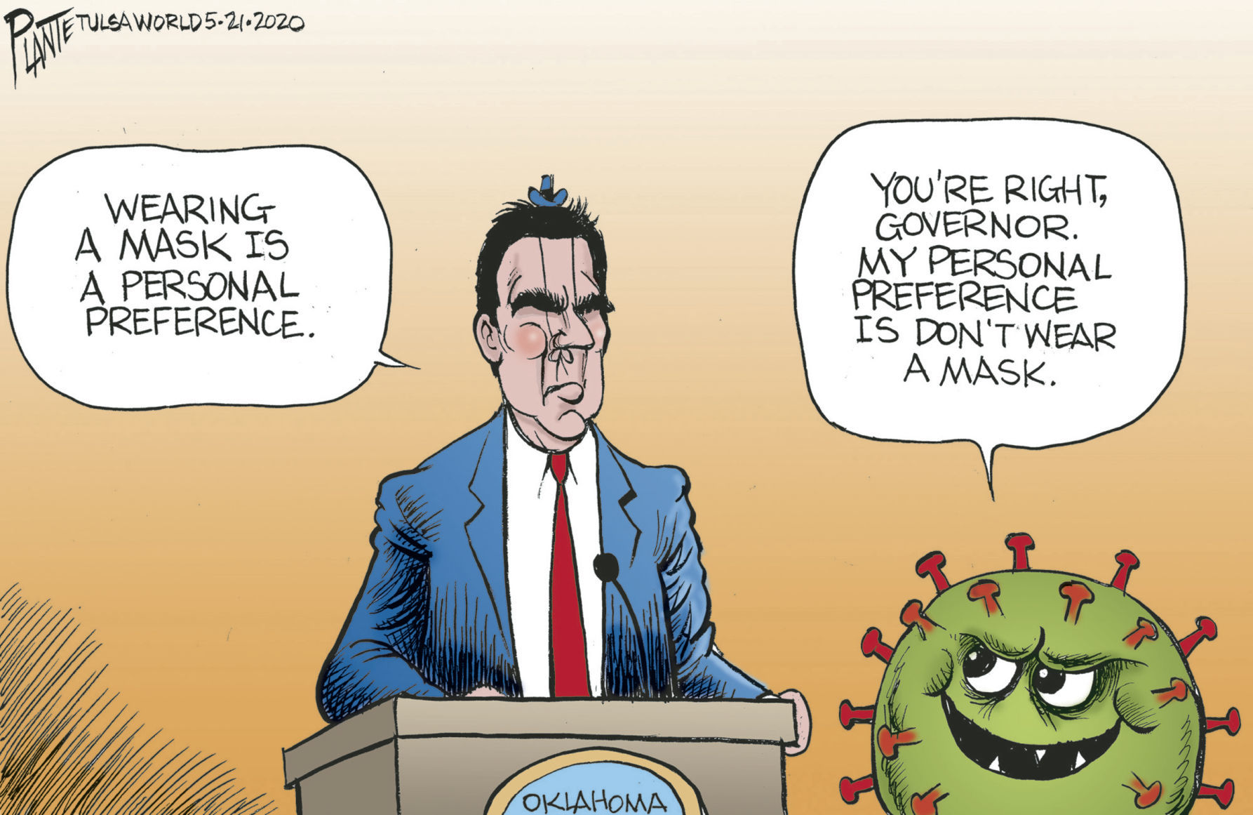 Bruce Plante Cartoon: Governor Stitt and a masks
